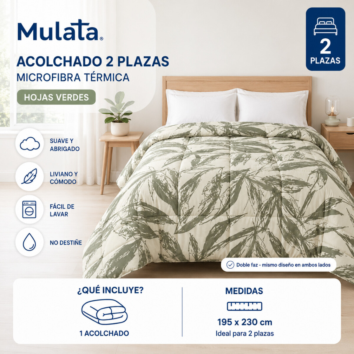 Acolchado 2 Plazas Doble Faz Microfibra Térmico 195 x 230cm - Hojas Verdes 