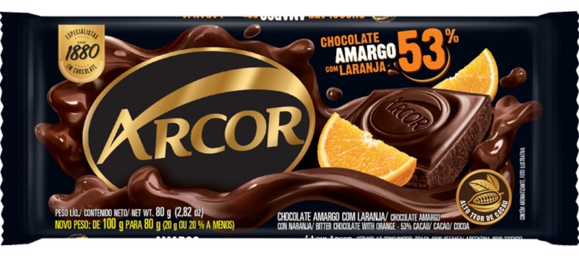 TABLETA CHOCOLATE ARCOR 80G AMARGO C/NARANJA 