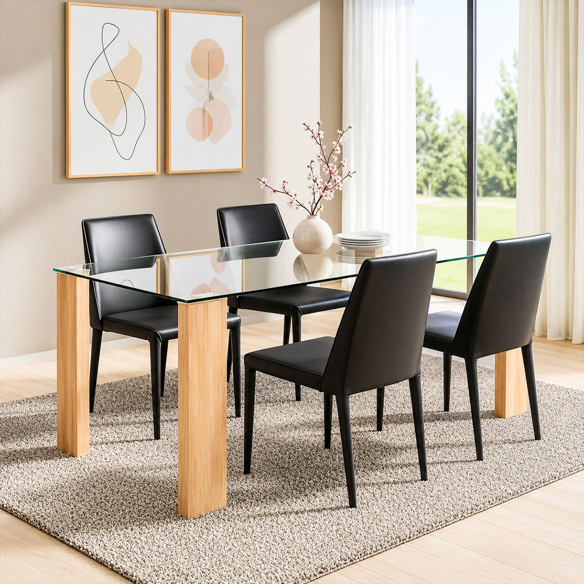 Juego De Comedor 4 Sillas Ecocuero Mesa De Vidrio - Negro 
