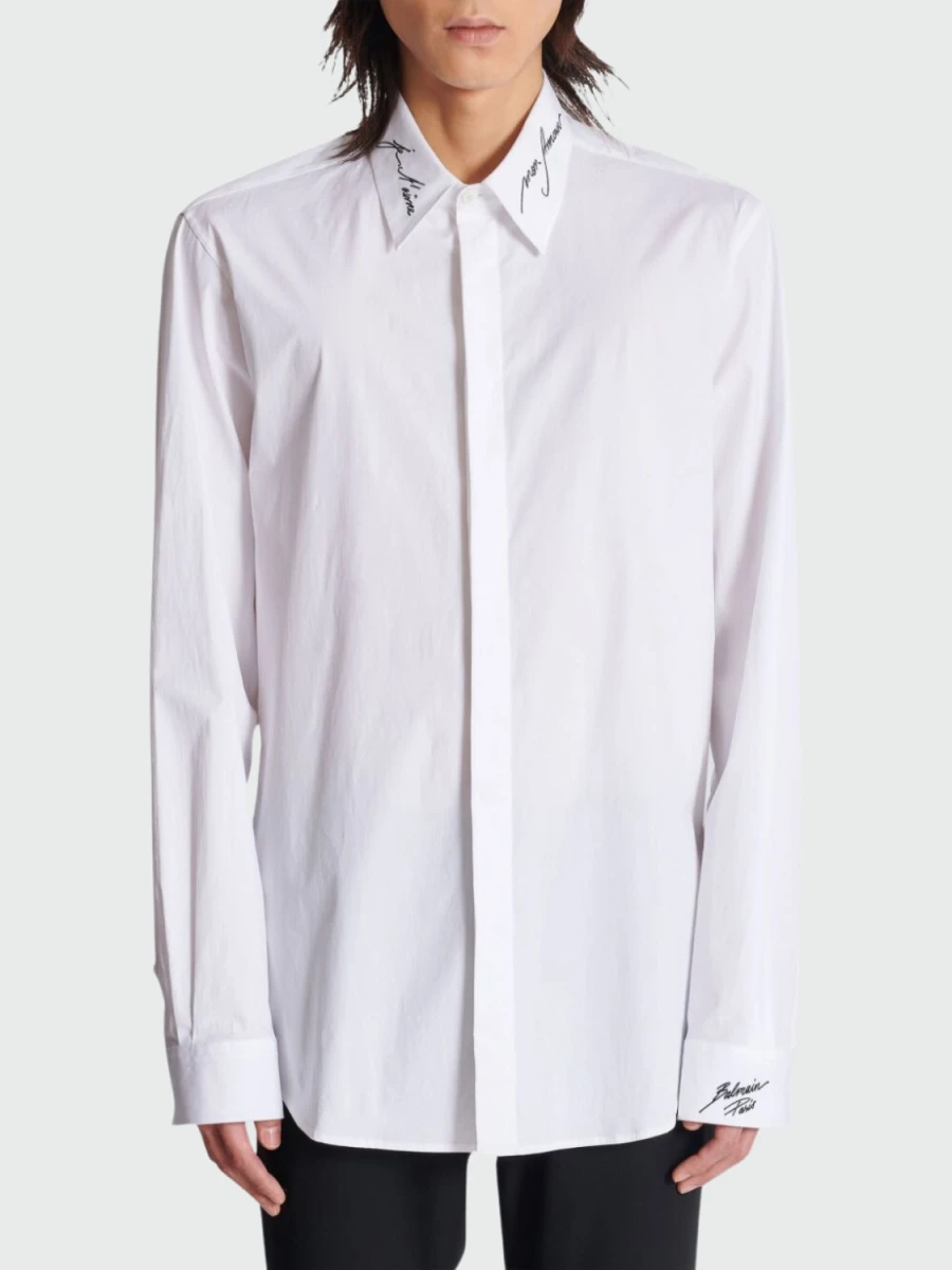 Balmain - Camisa de popelina con cuello bordado - Blanco 