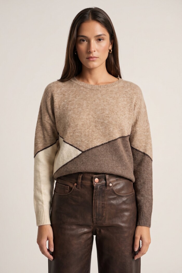 Sweater Intarsia Color Block Marrón