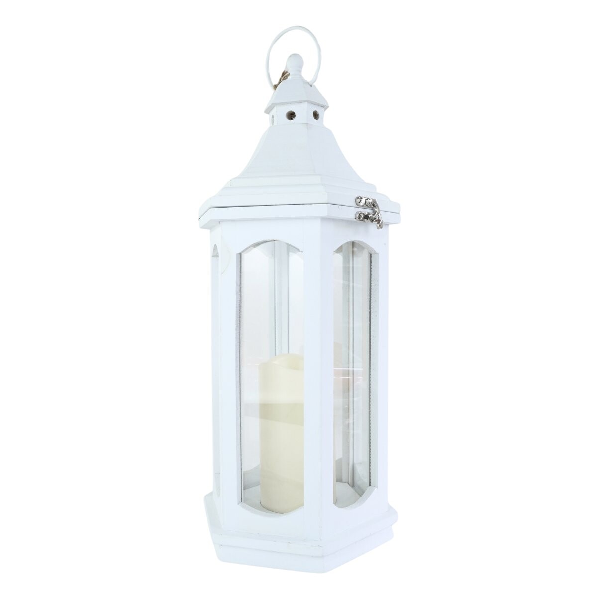 Farol candelabro de madera blanco con vela led 