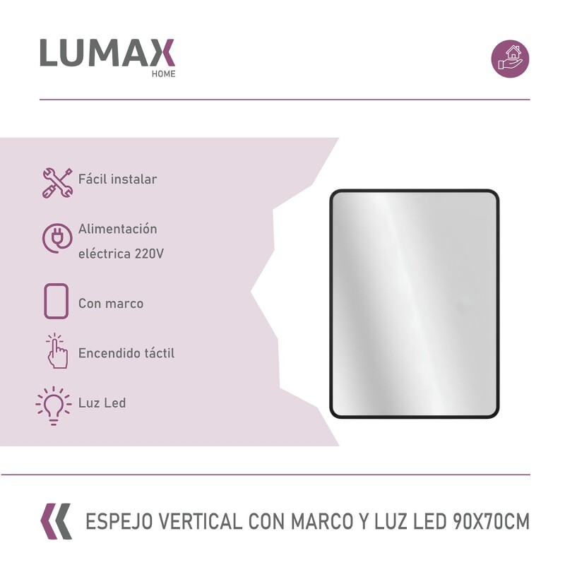 Espejo Vertical Lumax Suleban c/marco y luz 90x70cm Negro