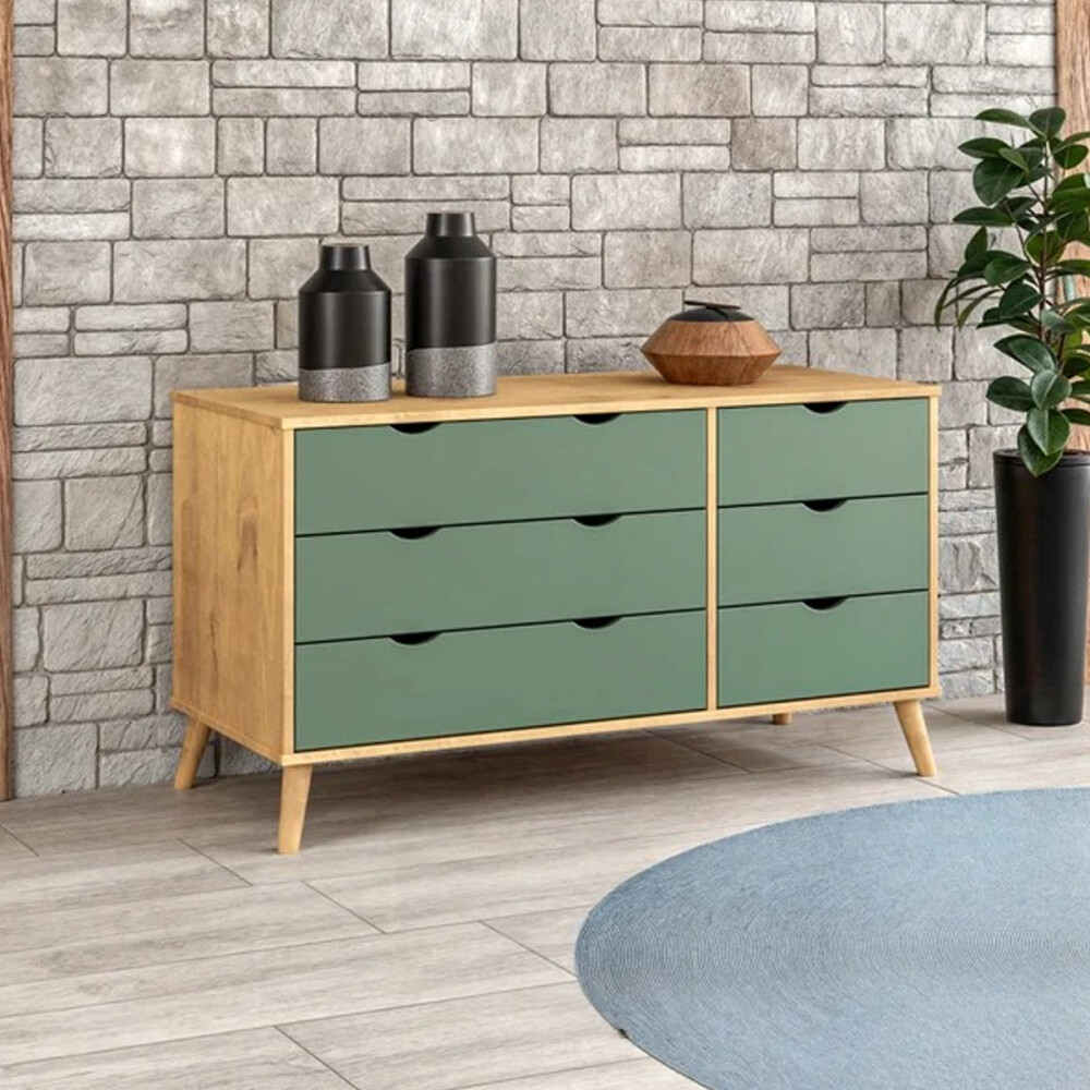 Cómoda Cajonera en madera maciza, con patas - 6 cajones MADERA- VERDE
