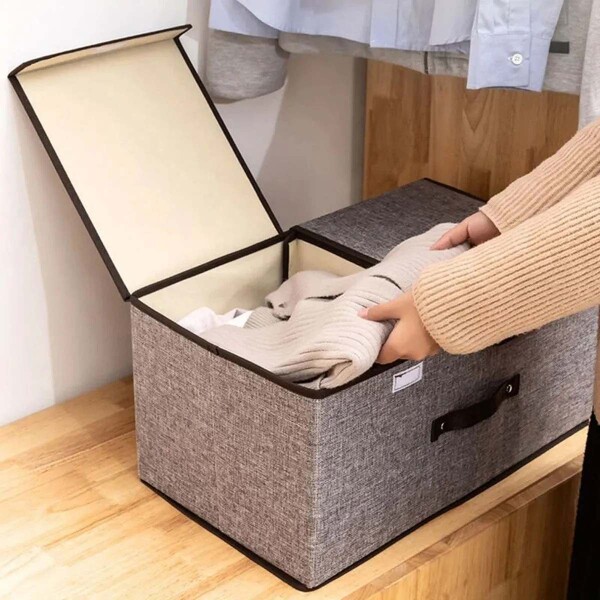 Caja Organizadora Plegable Ropa Doble Compartimiento Premium Color Gris y Blanco