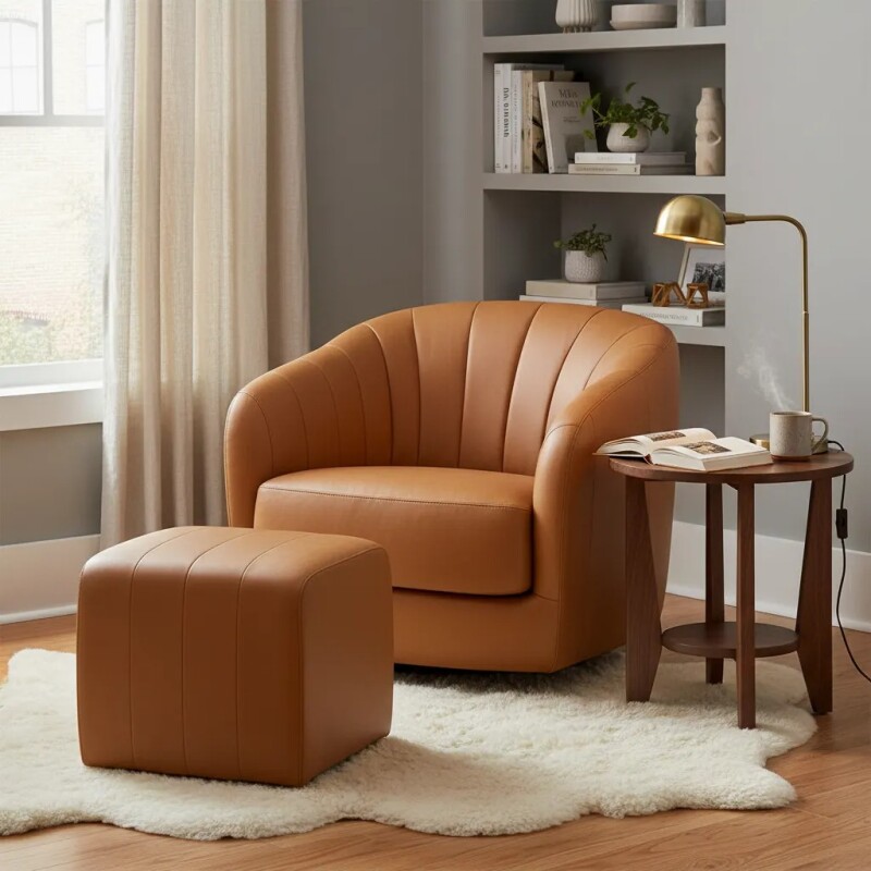 BUTACA GIRATORIA REDONDA C/ PUFF - 100% CUERO - MODELO MENDOZA - MARRON CLARO BUTACA GIRATORIA REDONDA C/ PUFF - 100% CUERO - MODELO MENDOZA - MARRON CLARO