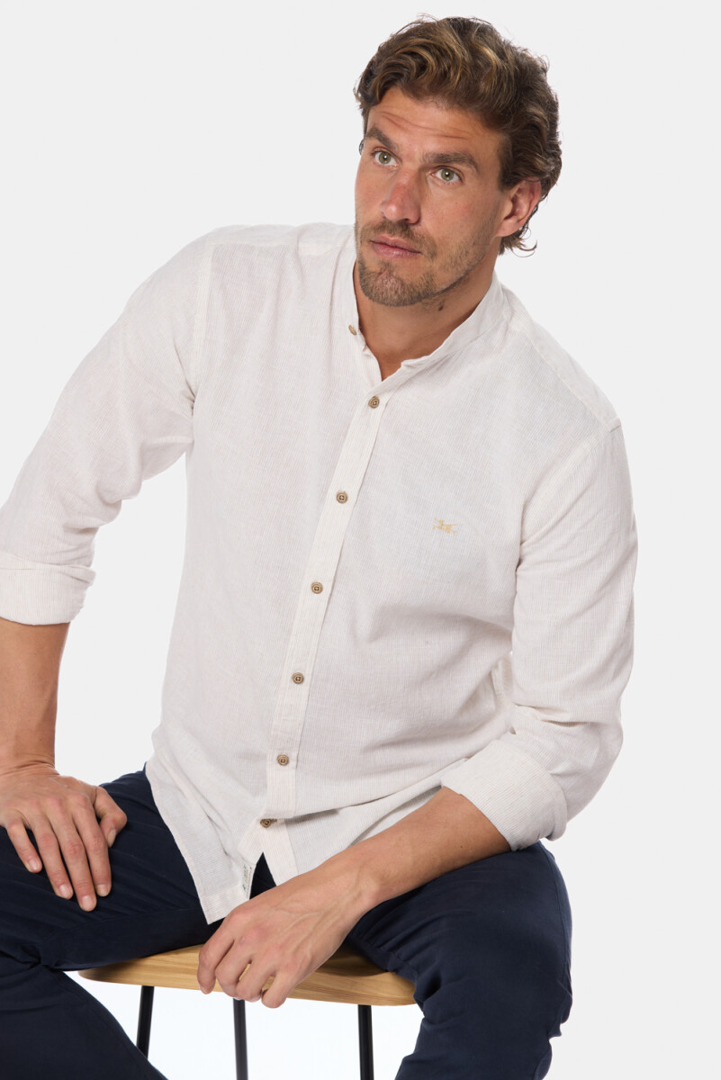CAMISA RAYADA DE LINO CUELLO MAO - Beige 