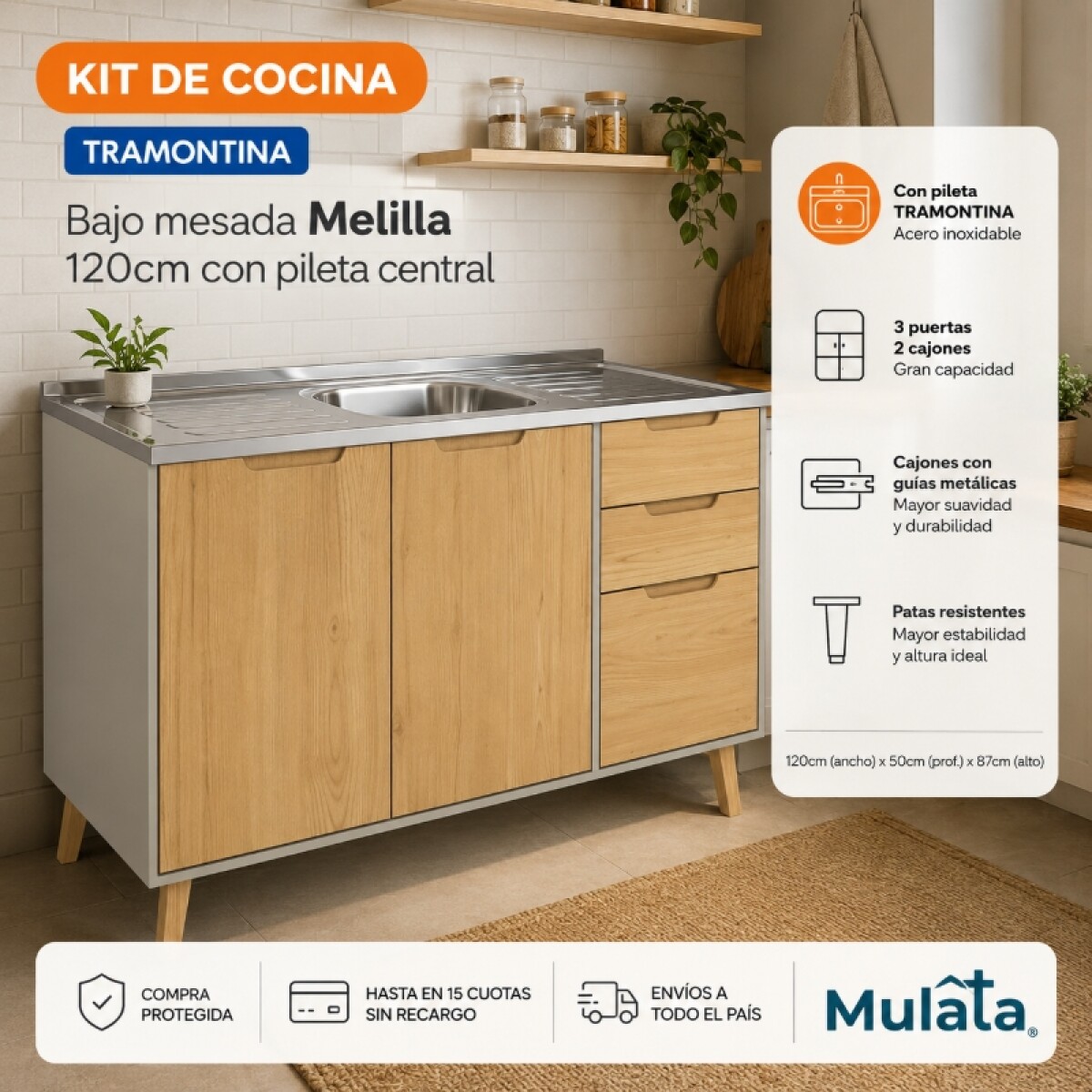Kit de Cocina Bajo Mesada Melilla Cinza con 3 Puertas de Madera y 2 Cajones y Pileta Tramontina Central 
