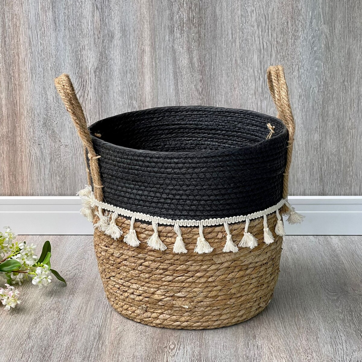 Canasto Cesto Yute Natural Negro Amary Alto 25cm x Ø 25cm 