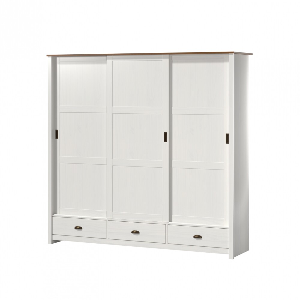 Ropero 3 puertas corredizas 3 cajones - Madera maciza Blanco