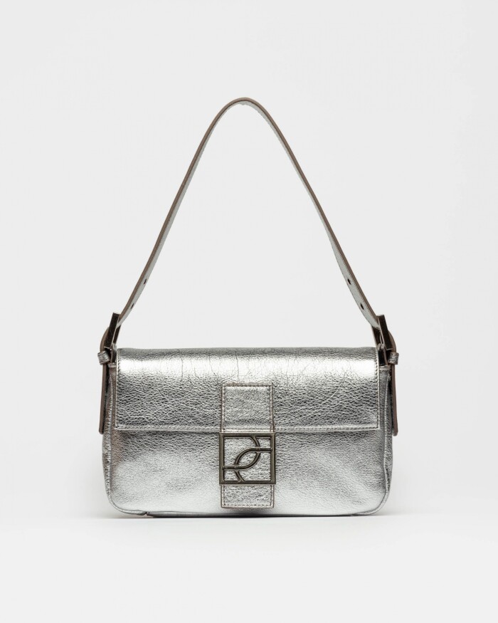 Cartera al hombro Signature en cuero graneado metalizado Grafito