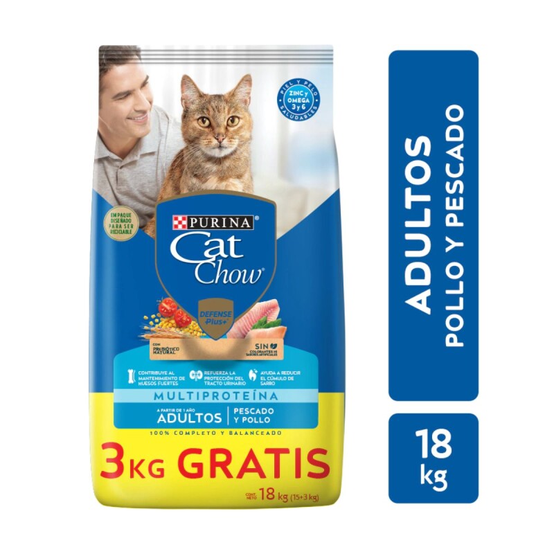 CAT CHOW GATOS ADULTOS POLLO Y PESCADO 15 KG + 3 KG DE REGALO