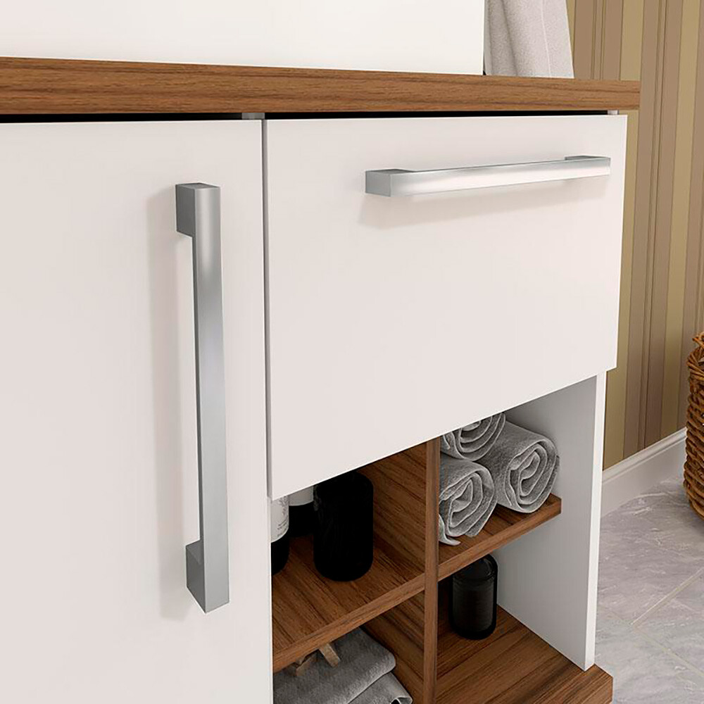 CONJUNTO MUEBLE DE BAÑO MODELO VENEZA BLANCO CON NOGAL / MUEBLE DE COLGAR + ESPEJO + BACHA / 70CM Conjunto Mueble De Baño Modelo Veneza Blanco Con Nogal / Mueble De Colgar + Espejo + Bacha / 70cm