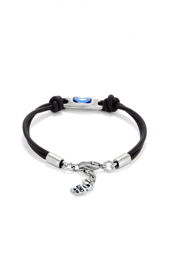 PULSERA DE CUERO BAÑADA EN PLATA DE LEY CON CRISTAL AZUL Pulsera