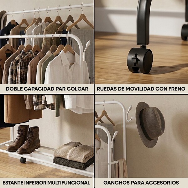 Perchero Doble Ropa Barra Acero Percha Metal Ganchos Ropero Placard Con Ruedas Imback Color Blanco Perchero Doble Ropa Barra Acero Percha Metal Ganchos Ropero Placard Con Ruedas Imback Color Blanco