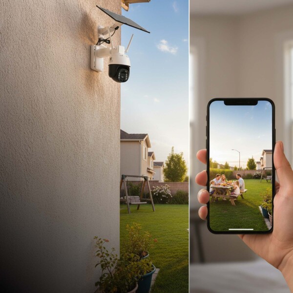 Cámara Seguridad Sola WiFi 4K Exterior Visión Nocturna Color Blanco Negro