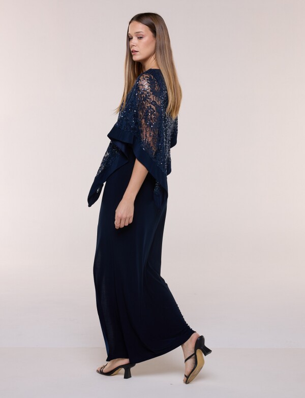 Vestido Noche Con Capa Bordada AZUL