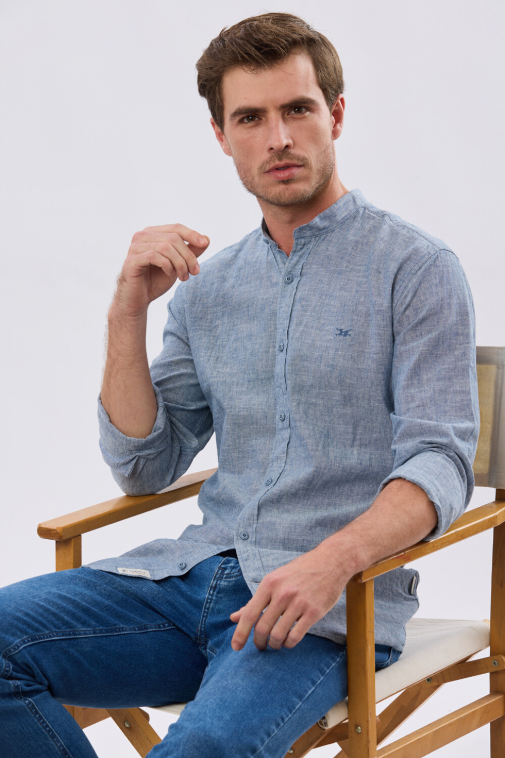 CAMISA LISA DE LINO CUELLO MAO Denim