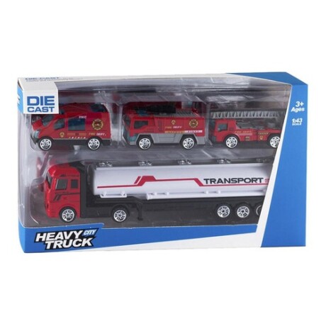 Camión con trailer + 3 vehículos de bomberos Camión con trailer + 3 vehículos de bomberos