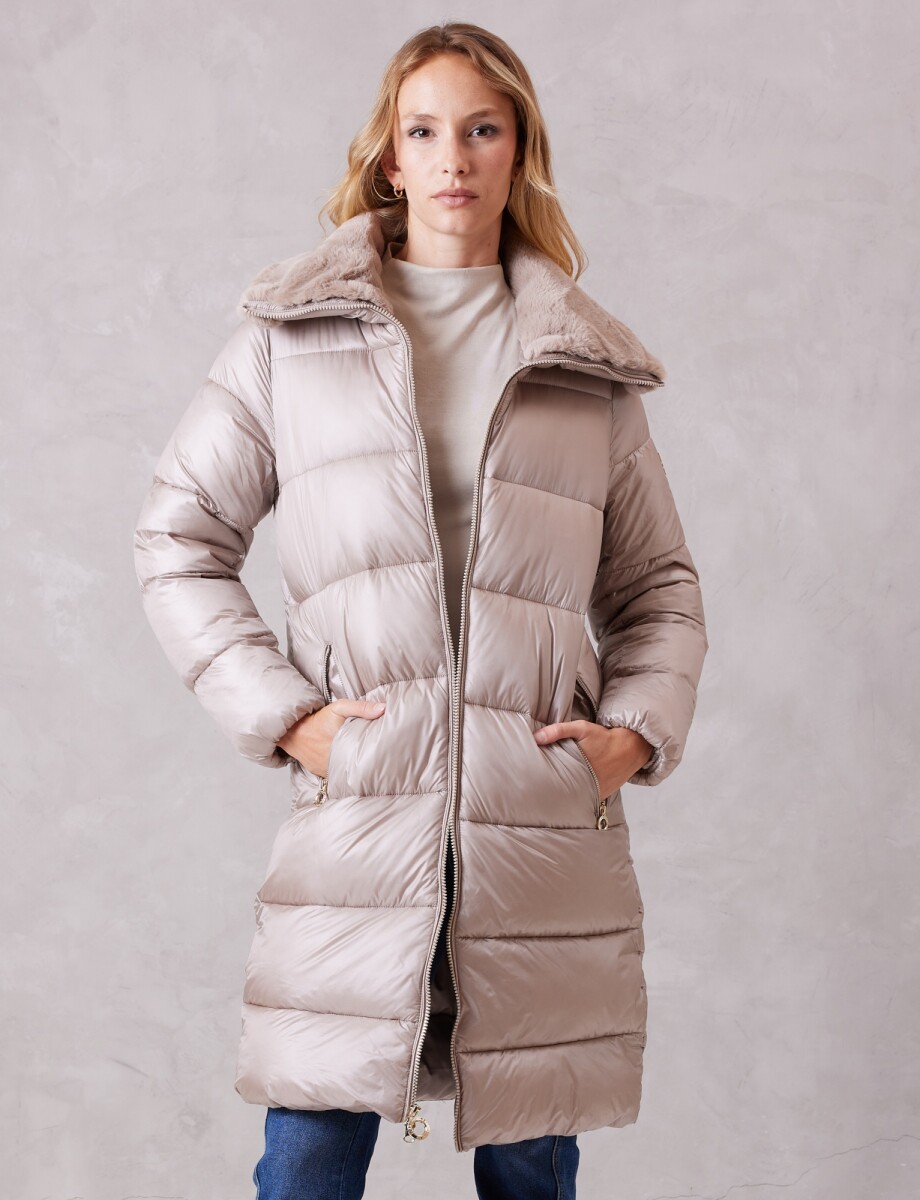Campera Puffer Satinada Con Cuello De Piel - Beige 