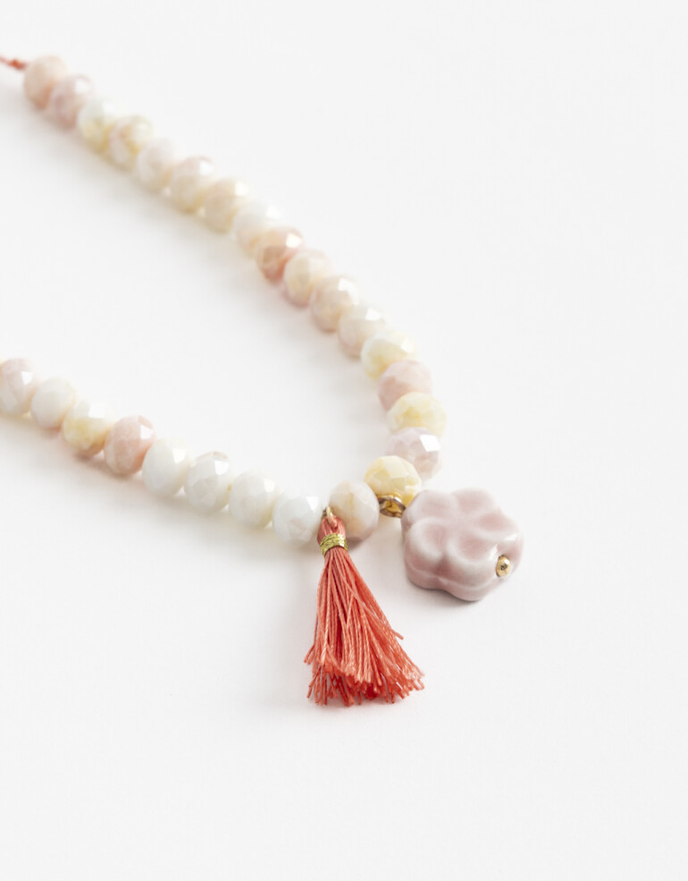 Collares Cortos Canutillos Collar Para Niñas Con Beads Y Dije Flor - Rosa Bebe