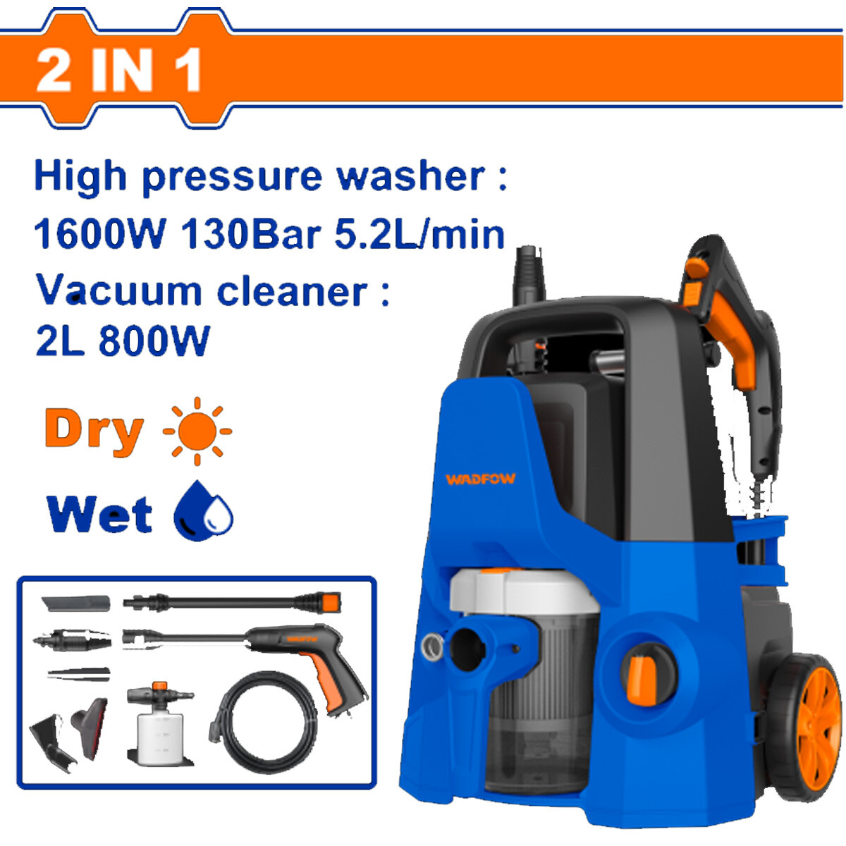 HIDROLAVADORA ASPIRADORA 2 EN 1 1600W 130BAR 5.2 L/MIN SECO HUMEDO WADFOW WHP4A1 
