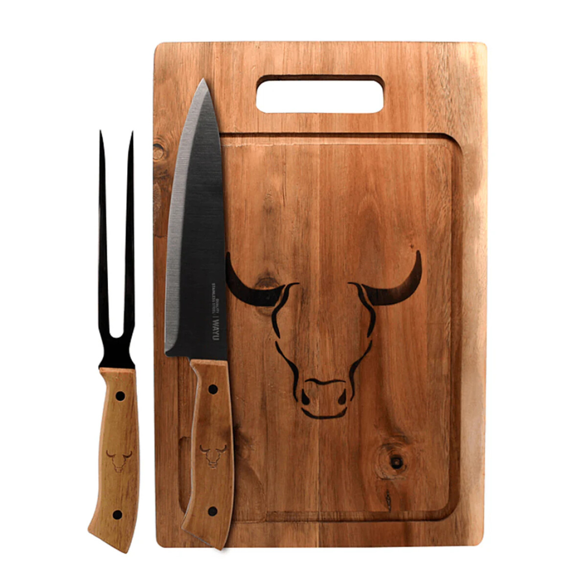 Set Tabla Wayu + Cuchillo + Tenedor PRM - Madera y Acero inox 