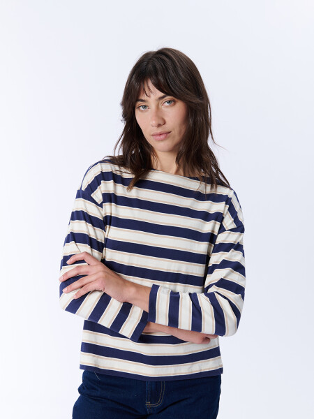 Remera Manga Larga Rayas Crudo Y Azul Marino