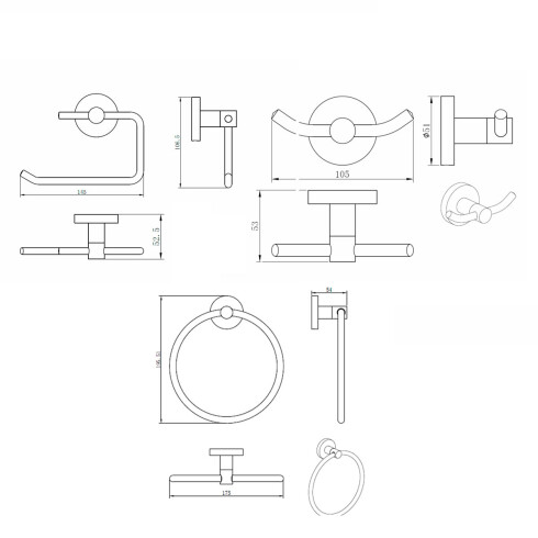 SET DE ACCESORIOS INCLUYE 2 PERCHAS DOBLES,PORTA ROLLO Y TOALLERO ARO, LINEA ROMA BRUSH NICKEL 000