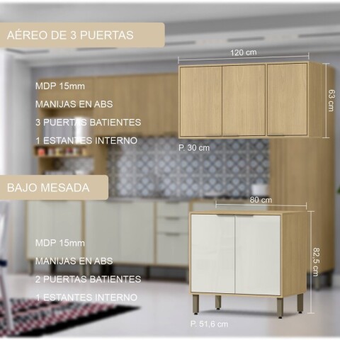 Kit de Cocina Modular Completo Gloria Mdp 15mm Bajo Mesadas - Aeréos - Torre - Panelero - Castaño / Off White Kit de Cocina Modular Completo Gloria Mdp 15mm Bajo Mesadas - Aeréos - Torre - Panelero - Castaño / Off White