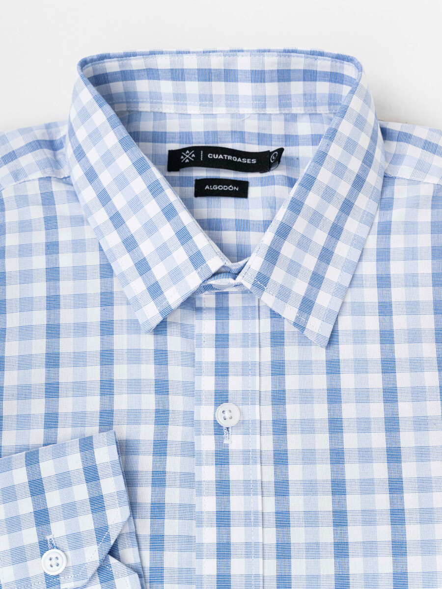 Camisa m/l casual - cuadros celeste 