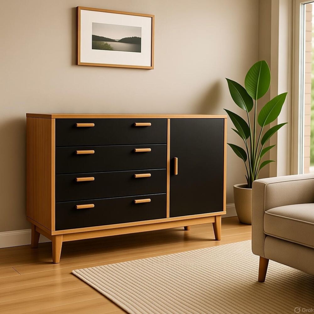 CÓMODA CAJONERA GUARDARROPA 4 CAJONES 1 PUERTA EN MADERA MACIZA NEGRO