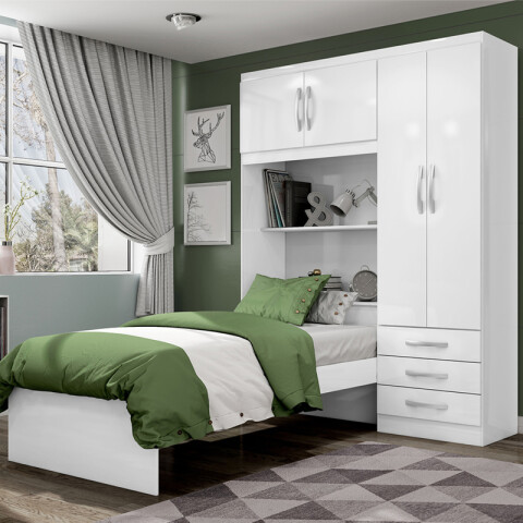 Juego de Dormitorio Ropero Lisboa 4 Puertas 3 Cajones Estantes Baúl con Cama Blanco y Colchón Roma Espuma 88 cm Juego de Dormitorio Ropero Lisboa 4 Puertas 3 Cajones Estantes Baúl con Cama Blanco y Colchón Roma Espuma 88 cm