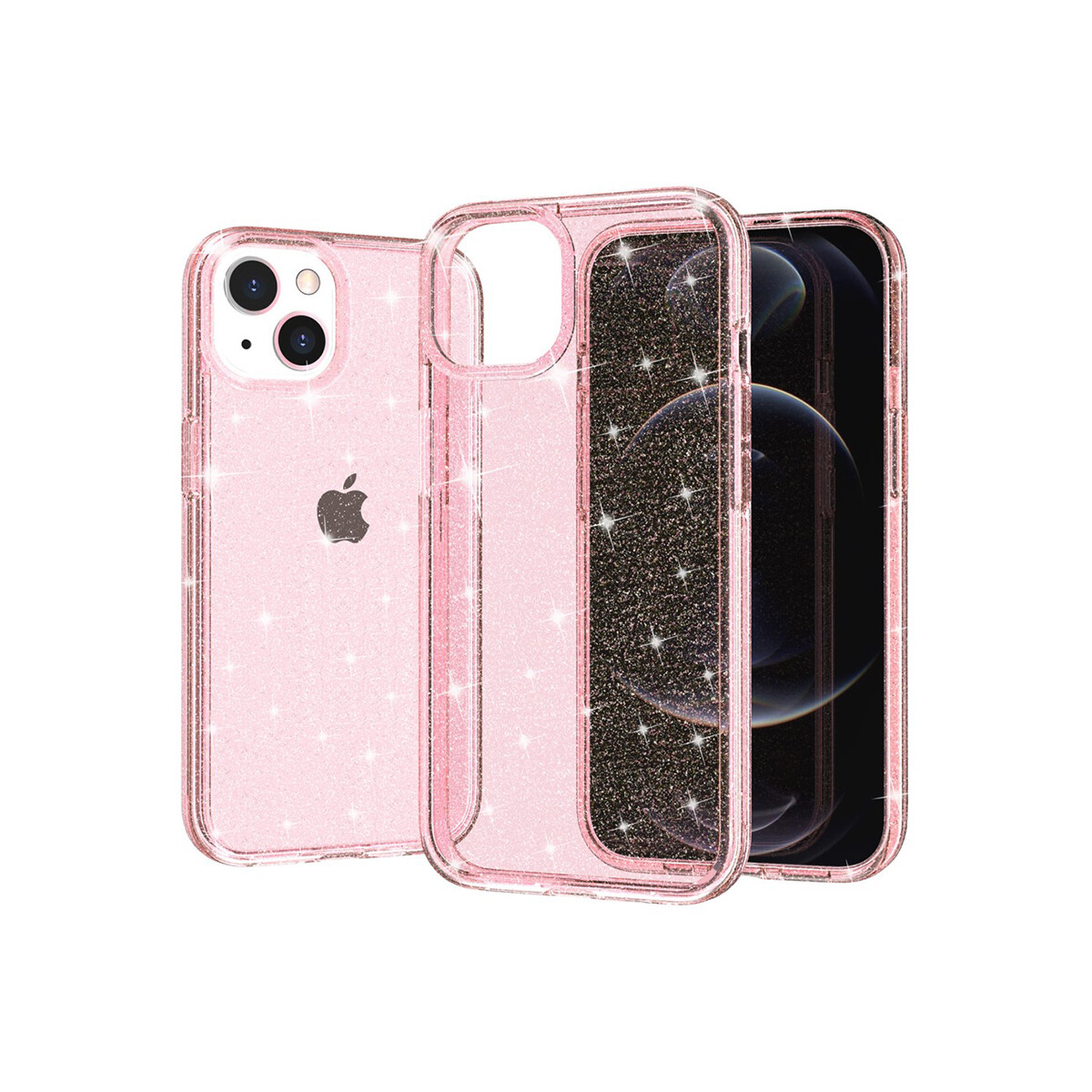 Protector rígido iPhone 15 transparente rosa con brillos 