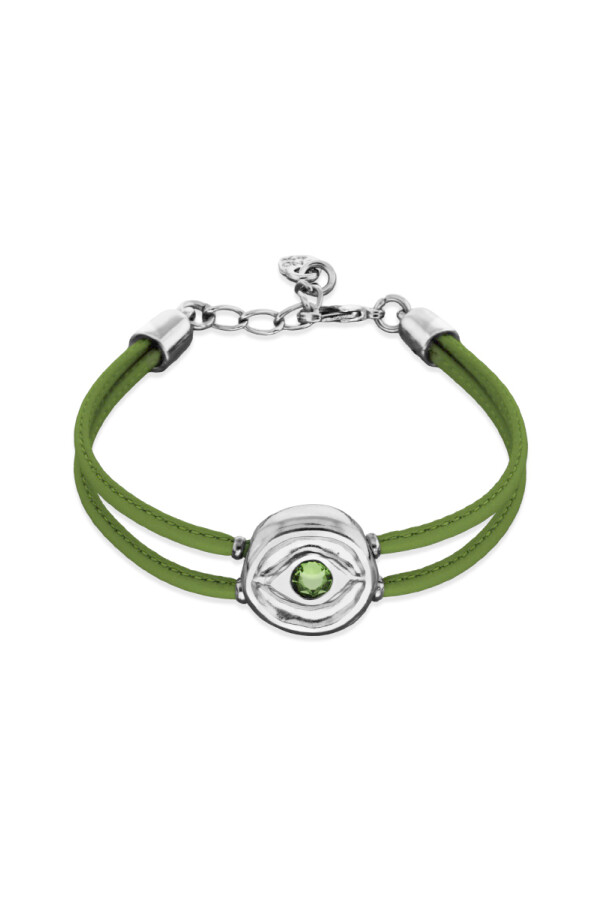 PULSERA DE CUERO DOBLE VERDE CON DETALLE DE OJO EN ALEACIÓN DE METALES BAÑADO EN PLATA Y CRISTAL Pulsera