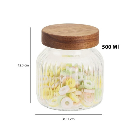 Frasco Recipiente de Vidrio Labrado 500Ml Tapa Rosca Madera Transparente