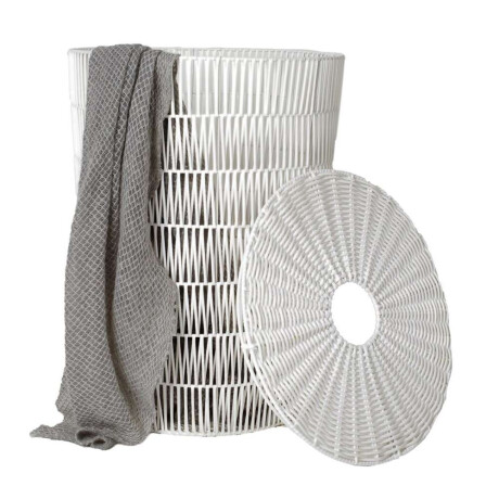 Cesto C/Tapa D42X56Cm Plastico Simil Ratan Blanco