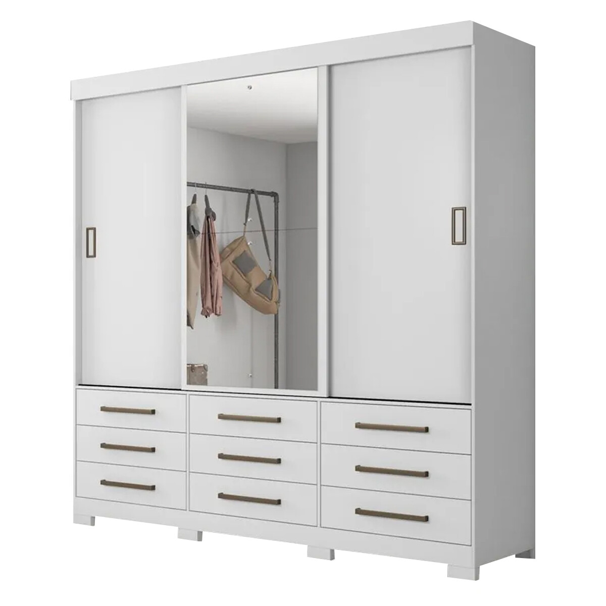 ROPERO 3 PUERTAS CORREDIZAS CON ESPEJO 9 CAJONES GUARDARROPA ARMARIO PLACARD CLOSET - BLANCO 