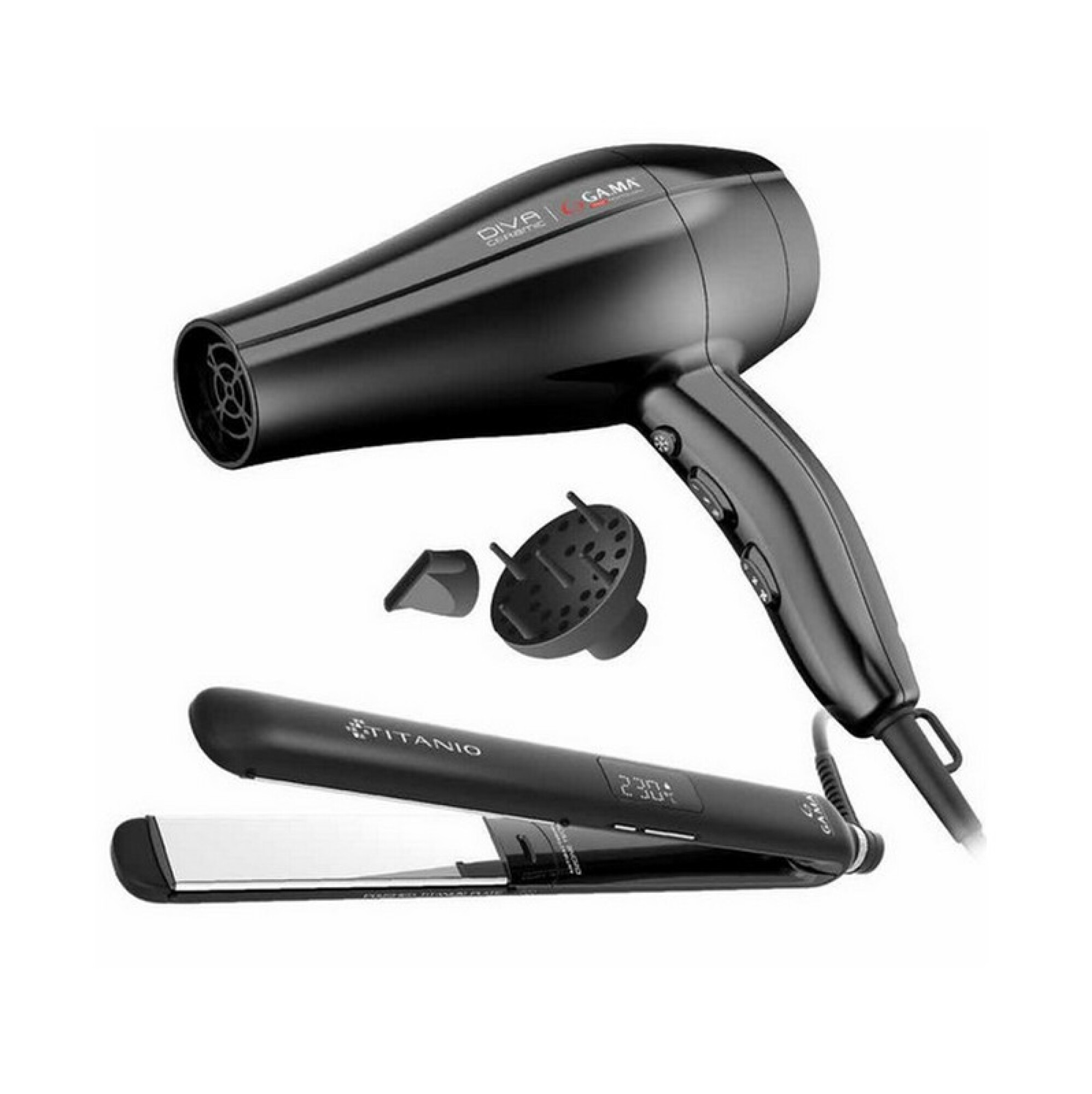 COMBO GAMA PLANCHA CP14 DIGITAL 4D TITANIO SECADOR DIVA