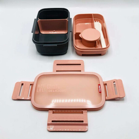 Vianda doble piso con cubiertos, division y tapa Rosado