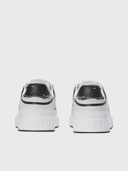 Balmain - Championes acordonados de cuero estampados, B-Court Blanco