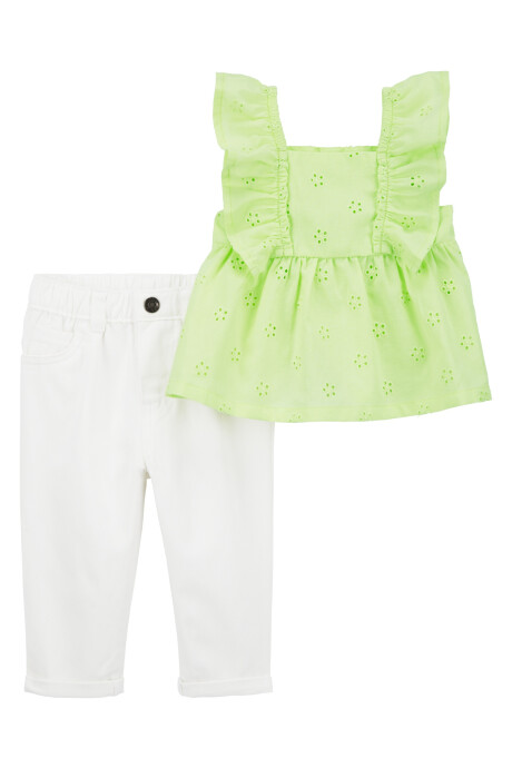 Set dos piezas, pantalón de sarga y blusa de algodón con ojales Set dos piezas, pantalón de sarga y blusa de algodón con ojales