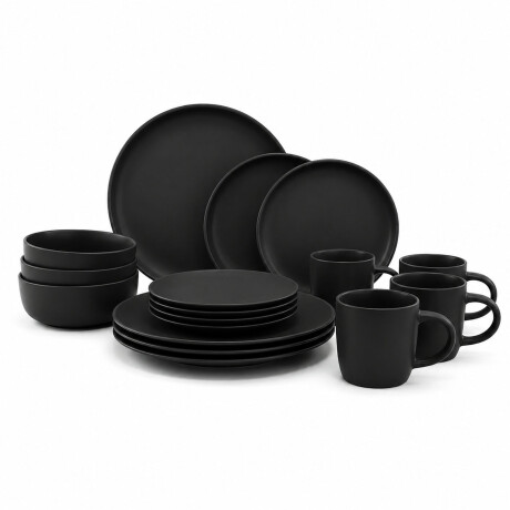 Juego Vajilla 16 Piezas Ala Recta Cerámica Moderna Elegante Negro Mate