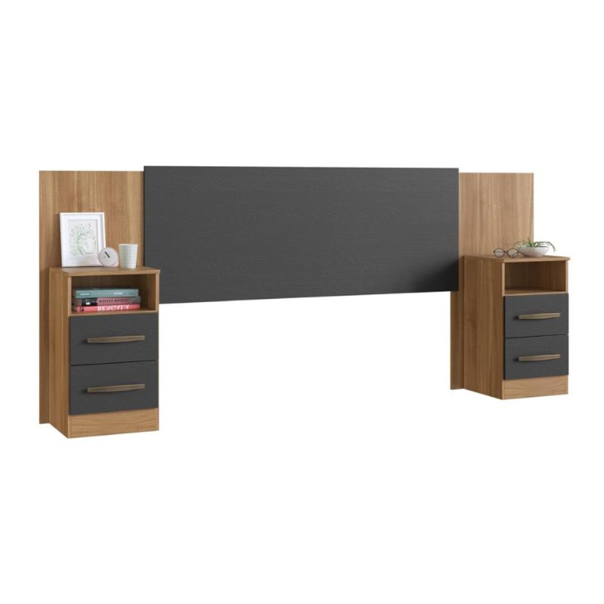 RESPALDO 2 PLAZAS + 2 MESA DE LUZ - GRAFITO/NOGAL 