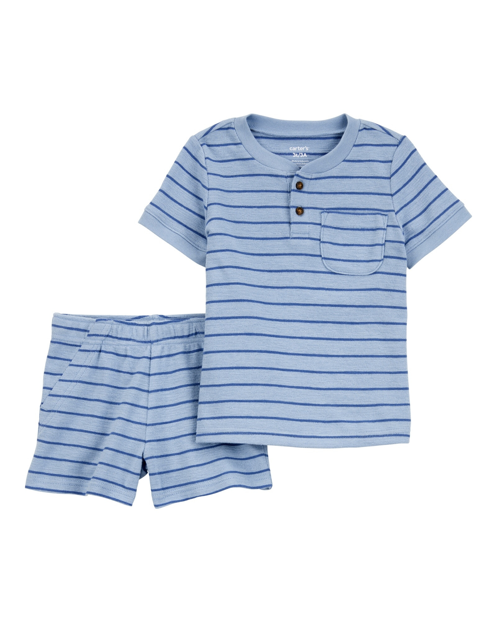 Set dos piezas de algodón, short y remera henley, diseño a rayas Sin color