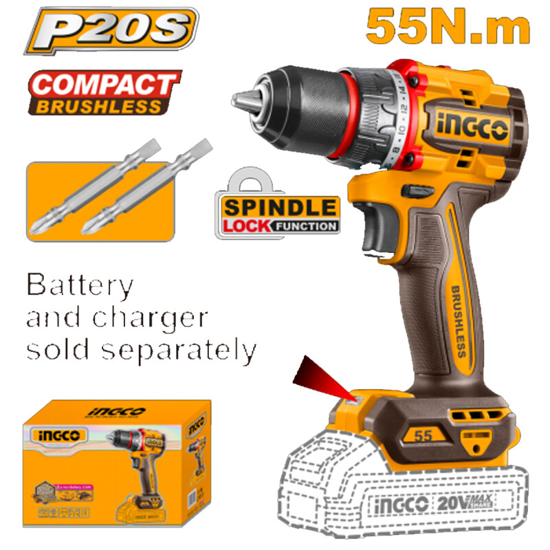 TALADRO ATORNILLADOR A BATERÍA 20V P20S BRUSHLESS 55NM + 2 PUNTAS S/BAT S/CARG TALADRO ATORNILLADOR A BATERÍA 20V P20S BRUSHLESS 55NM + 2 PUNTAS S/BAT S/CARG