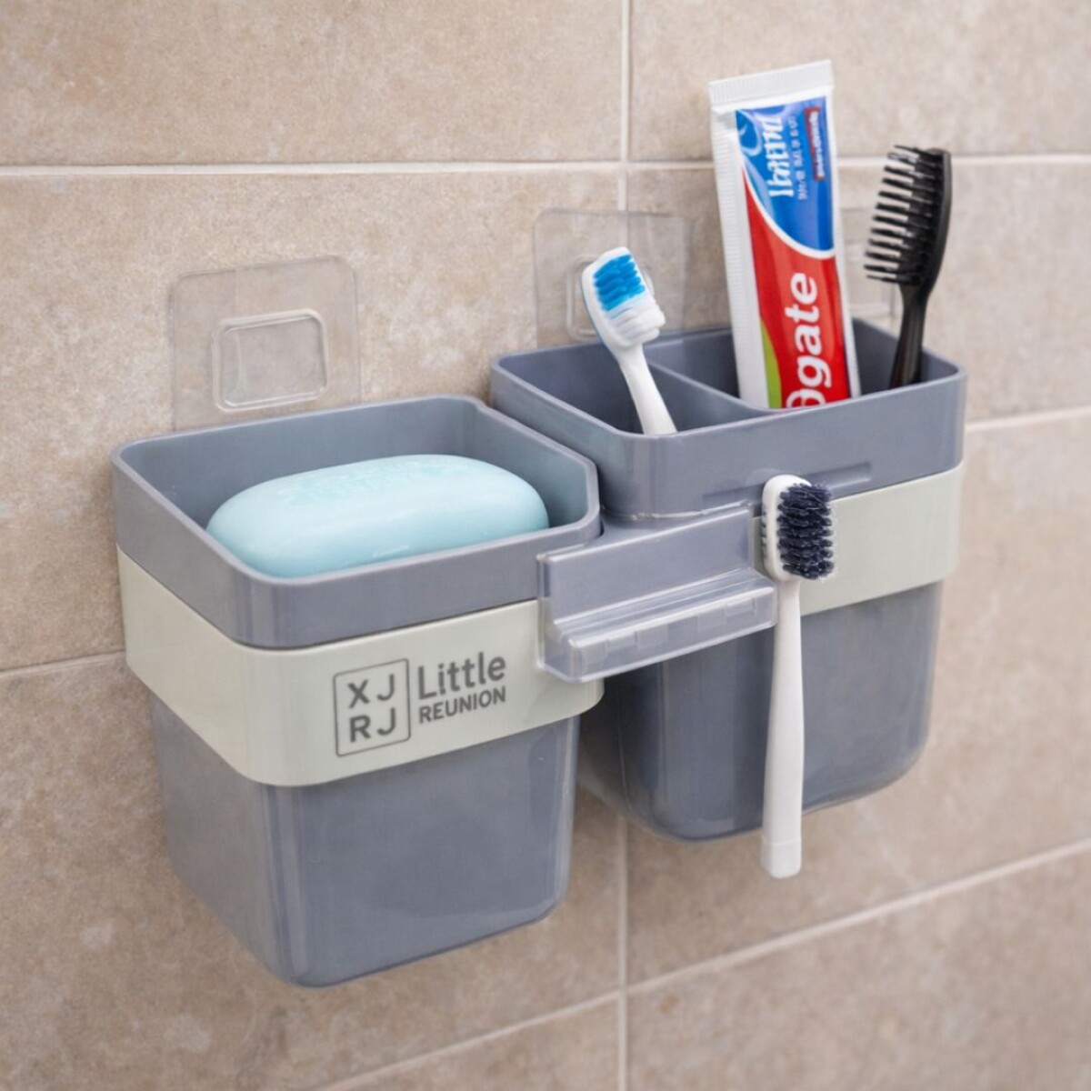 PORTA CEPILLOS DE DIENTES CON VASO ADHESIVOS 