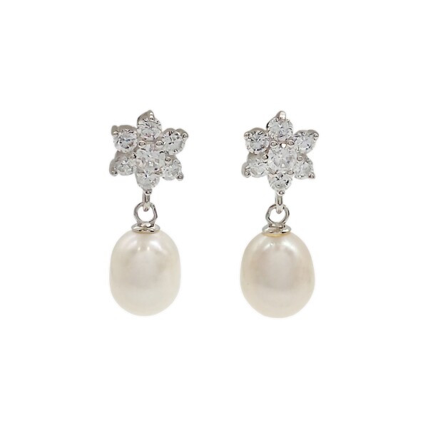 Caravanas Flor Perlas-Plata 925-Con Perla y Zirconia-CA3203 conperla