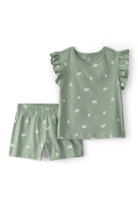 Set dos piezas de algodón, short y remera, verde, diseño floral Set dos piezas de algodón, short y remera, verde, diseño floral