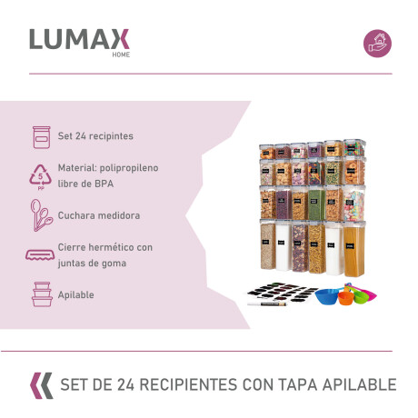 Set de 24 Recipientes Herméticos con Tapa Apilables Lumax Set de 24 Recipientes Herméticos con Tapa Apilables Lumax